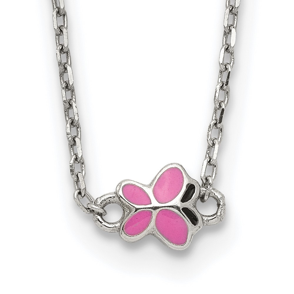 925 Sterling Silver Pink & Black Enameled Butterfly 16" Children's Necklace